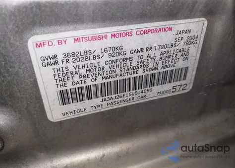 2005 Mitsubishi Lancer Es from USA, damaged, VIN JA3AJ26E15U014259